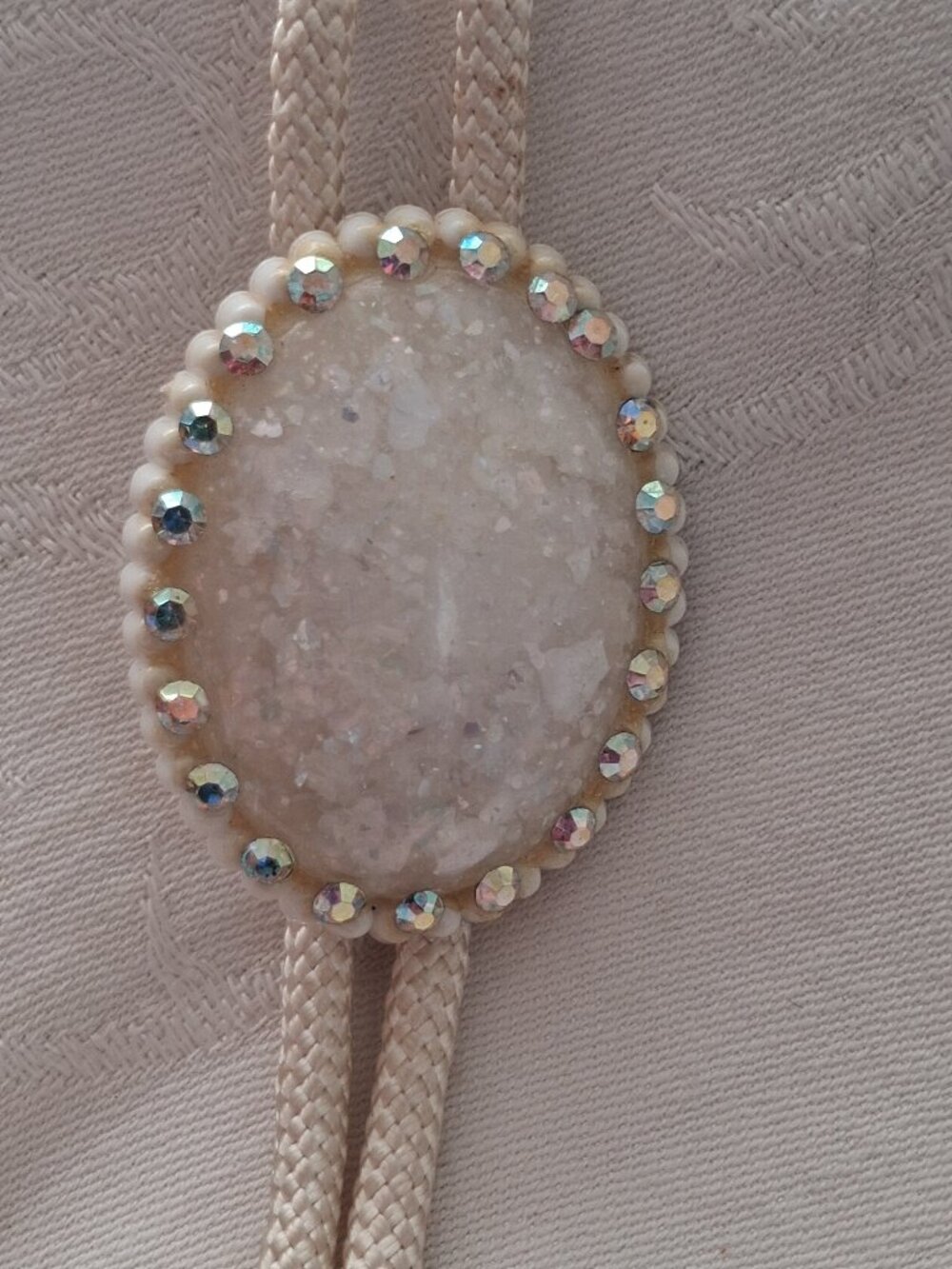 White Druzy Rhinestone Bolo Tie Cream Cord Statement Western Jewelry